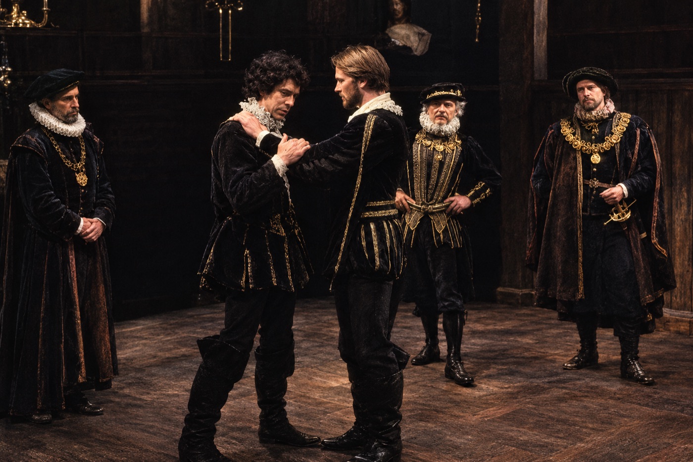 Laertes, Claudius and courtiers, costume design, Hamlet