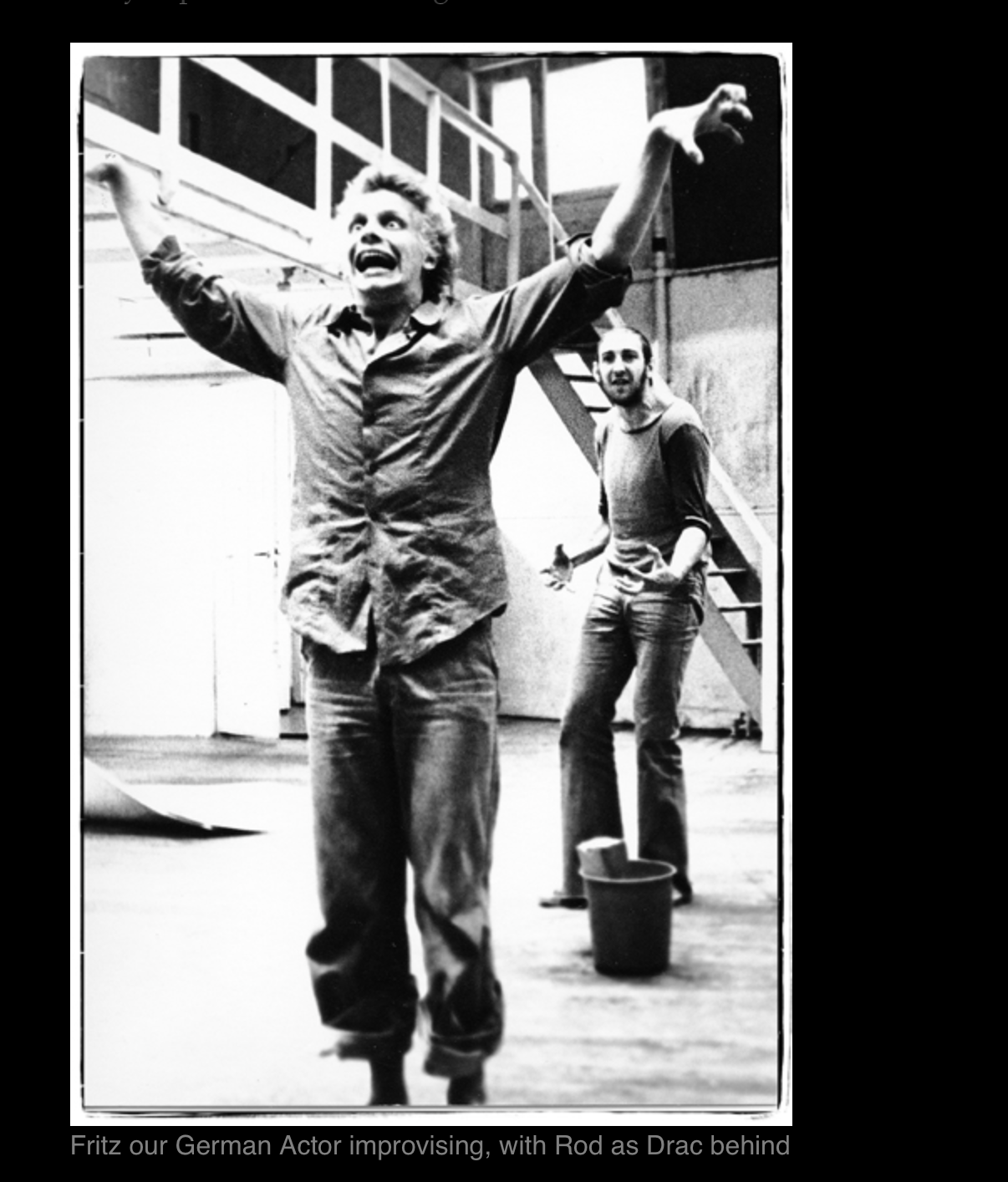 Fritz our German Actor improvising, with Rod as Dracula behind, rehearsal photograph