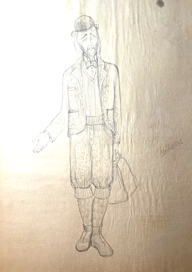 Original costume design sketch for Jonathan Harker, Dracula, Pip Simmons Theatre Group