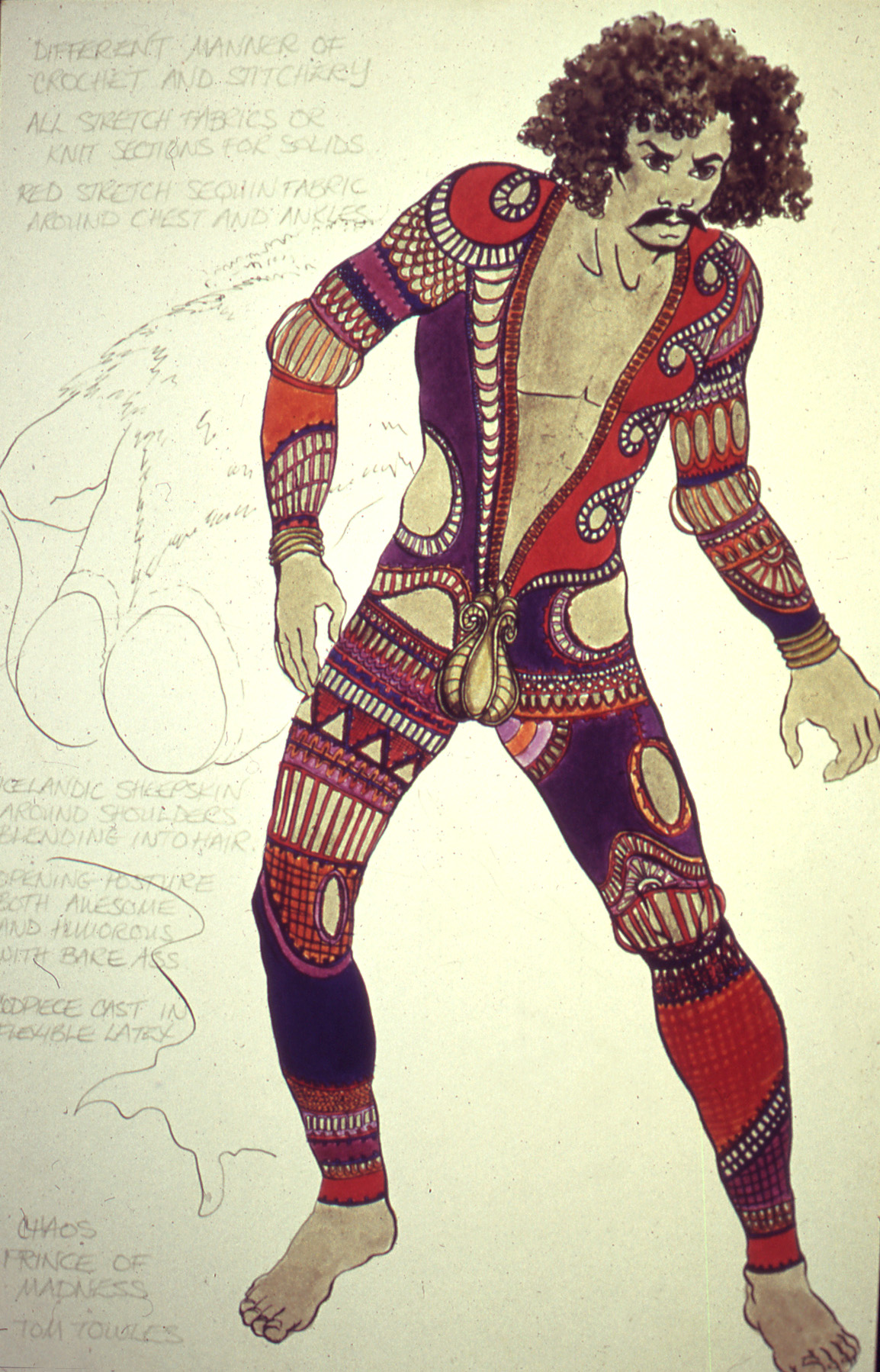 Original costume design sketch for Chaos, Prince of Madness, Warp, with Laura Crow's handwritten fabric notes